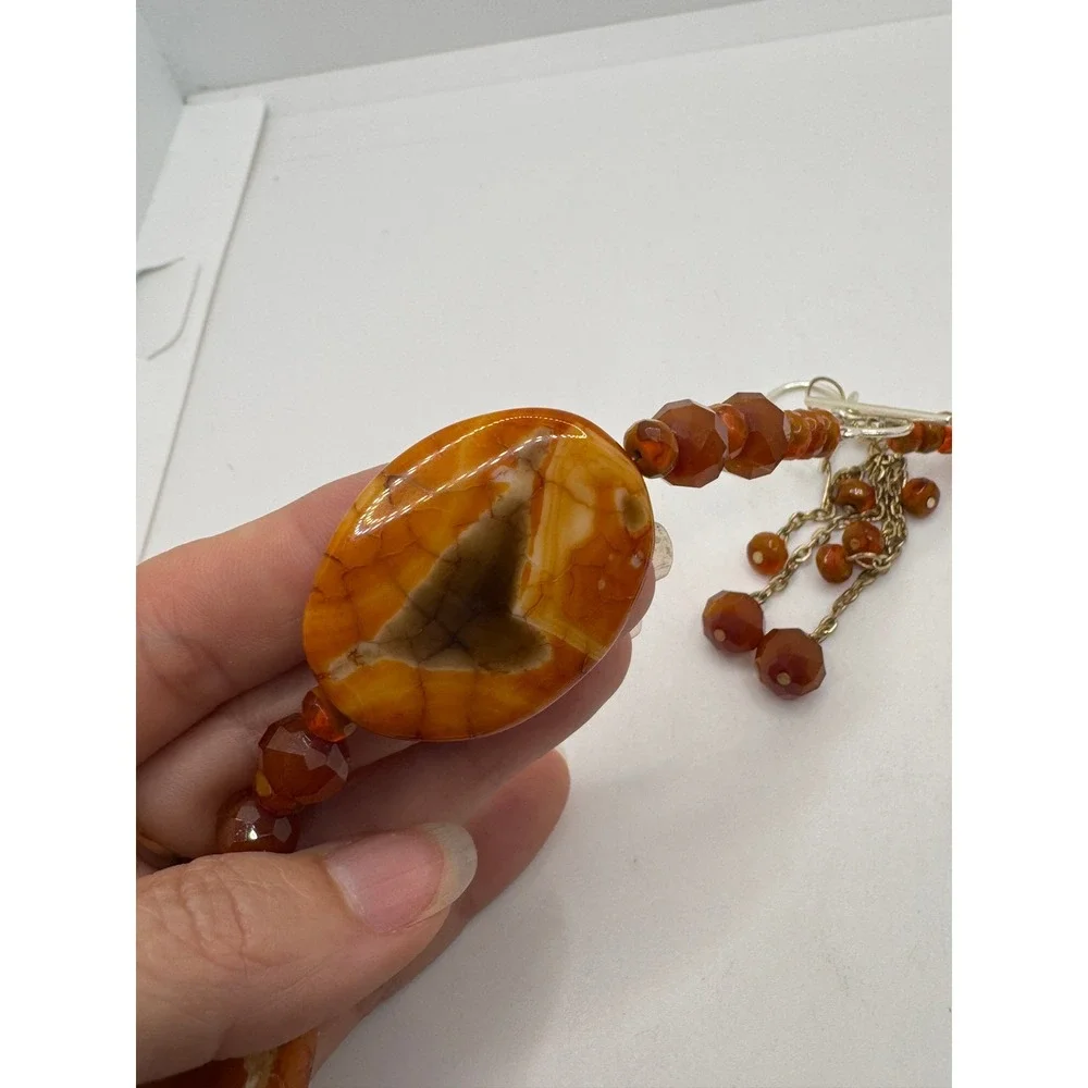 Fire Agate Chunky Beaded Necklace and Dangle Earrings Set Orange Brown Boho